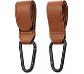 BABYZOCO Ganchos Carrito de Bebé, Ganchos Universales para Silla Paseo, Colgadores Multiusos para Cochecito Bebé, Ganchos Giratorios Silla Bebé, Soporta hasta 5 Kg, Cuero sintético, Marrón, 2 uds