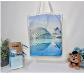 Bolso de hombro de compra con estampada de los dubujos paisaje con doble cara. tela loneta estampada dibujos personalizada.gran capacidad.dibujos madrid,barcalona,toledo,sol
