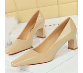 Women 6cm High Heels Pumps Lady Square Toe Glossy Patent Leather Block Low Heels Girl Green Blue Nude Wine Red Quality Shoes