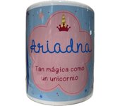 Solo Recuerdos SL Taza Mug con nombre personalizado Hecho en España diseño unicornio en caja cartón, apto para microondas y lavavajillas, personalizable en castellano, catalán-castellano, euskera-castellano y gallego-castellano.