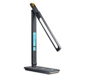 Lámpara de escritorio con reloj despertador y calendario y cinco temperaturas de color, lámpara LED plegable para el cuidado de los ojos luz de lectura luz nocturna