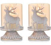 Vintage Antique Metal Pillar Candle Holders Set of 2, Distressed Hurricane Candlestick Candle Holders Prefer Centerpieces for Christmas Table Mantle Fireplace Decoration, Deer