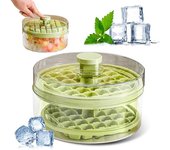 Cubitera con tapa y recipiente, 64 cubiteras para congelador con 2 bandejas, recipiente, tapa y pala para hielo, bandeja de plástico y silicona de fácil liberación para bebidas, cócteles y café (verde)