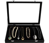 Bandeja Joyas Terciopelo Negro Expositor de Joyas Bandeja 20 Ganchos y Tapa de Vidrio con Cierre - Organizador Joyas Cajones para Collares, Brazaletes, Pendientes y Tobilleras