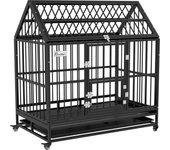 PawHut Jaula para Perros Grandes 123x74x125 cm Perrera Metálica con Ruedas Bandeja Extraíble Cerraduras 2 Puertas Frontal 1 Puerta en Techo y Marco de Acero Negro