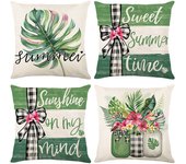 Set of 4 Greenery Pillow Covers, Letter Print Linen Cushions for Home, Living Room Sofa Decor