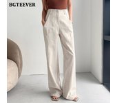 BGTEEVER Summer Stylish Loose Pockets Female Solid Straight Trousers High Waist Elegant Women Floor-Length Wide Leg Pants