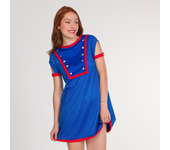 Vestido Corto Verano Raya Diplomática Azul y Rojo, Vestido Navia Black Flamingo Marinero Ancho de Punto, Manga Corta y Pechera con Botones Dorados de Anclas y Cuello Barco, Diseño Español Elegante