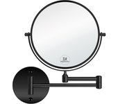 Espejo de aumento de pared con brazo giratorio de doble cara, espejo de tocador de maquillaje telescópico negro, espejo de mano con aumento de 8 pulgadas y base redonda