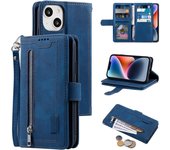 Funda tipo billetera para iPhone 15 de 6,1 pulgadas, estilo retro, con 9 ranuras para tarjetas, bolsillo con cremallera, funda de piel sintética, cierre magnético, soporte y correa para la muñeca