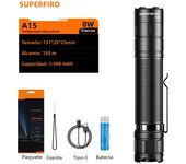 New SUPERFIRE A15 Powerful LED Flashlight Mini EDC Torch USB-C Rechargeable 18650 Lantern for Camping Outdoor Emergency Lighting