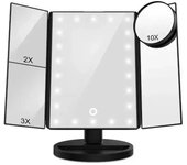Espejo Maquillaje, 2X/3X/10X Espejo de Maquillaje de Tres Pliegues con Pantalla Táctil Ajustable y 24 Luz LED Espejo Iluminado Tocador Espejos Cosméticos de Encimera (negro)