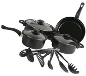 Juego de herramientas y sartenes, juego de utensilios de cocina antiadherentes de 13 piezas, juego de utensilios de cocina de inducción con sartenes, cacerollas y ollas, color negroOtros accesorios para barbacoa y placa