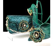 QSGFC Shiny Gold Color Shoes and Bag Elegant Handbags and Medium Heel Shoes Beautiful Handmade Flowers For Wedding Party