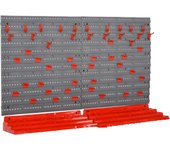 DURHAND Estantería de Pared con Sistema de Almacenamiento 95,5x23x53,5 cm Soporte de Herramientas con 54 Piezas 50 Ganchos para Taller Garajes Rojo y Gris