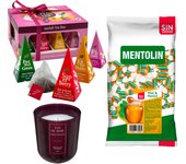 Pack surtido: MENTOLIN MIEL MENTOL S/A BOLSA 1KG + Vela perfumada en vidrio rosa de silicona 170 g + Caja de Té Joyfull con variedad de sabores