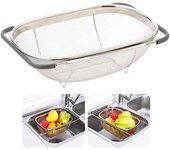 Colador sobre el fregadero, cesta de colador oval extensible de malla fina de acero inoxidable con asas de agarre de goma para fregadero de cocina