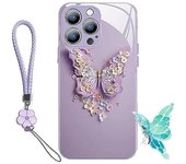 Funda de cristal plana con patrón de mariposa 3D compatible con iPhone, compatible con iPhone 12 a 14 Pro Max con correa (para iphone14ProMax, morado claro)