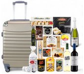 COSHANO Cesta de Navidad Lote navideño Gourmet con Maleta Trolley Equipaje de Mano 4 Ruedas giratorias 26 articulos (Oro)