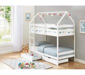 Vente-unique - Litera cabaña 2 x 90 x 190 cm - 2 cajones - Pino - Blanco + colchón - CHORI