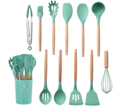 12Pcs Silicone Non-Stick Kitchen Utensils Set Cookware for Kitchen Wooden Handle Spatula Egg Beaters Kitchenware Accessories