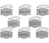 Etiquetas para decantador - Etiquetas para licor (juego de 8, color plateado) Etiqueta para decantador de licor: ginebra, vodka, bourbon, whisky, brandy, ron, whisky escocés, tequila - Etiquetas para botellas de licor, cadena ajustable
