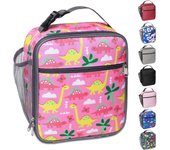 Bolsa térmica para almuerzo con diseño de dinosaurio y bolsillo lateral de malla, impermeable, a prueba de fugas, suave, duradera y portátil (rosa)