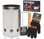 Encendedor  Barbacoa de Carbón Big Jeff | Chimenea de Acero Inoxidable con Mango de Madera | Rápido, Seguro y Eficiente | Incluye Guante Térmico BBQ 250 °C + 40 Pastillas de Encendido Samba