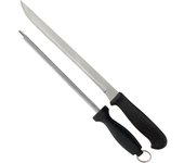 WellHome Jamonero de madera con herraje en V 40x16x23cm, pincho y fijación pezuña, set de cuchillo Jamonero (25cm) y Chaira (21cm) acero inoxidable alta calidad y funda