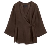 Women's Linen Flowing Crossover Kimono Shirt Trousers Set V-neck Long Sleeve Wrap Lace-up Vent Top Drawstring Wide Leg Pants Set