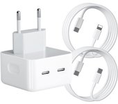 FGNS Cargador Rápido 35W Doble Puerto Tipo C, Adaptador de Corriente Doble Puerto Tipo C Carga Rápida 35W QC3.0 PD3.0,Cargador Rápido 35W Doble Puerto Tipo C con Cable Compatible con iPhone 12/13/11/XR/XS/X/8,Pad, Pro/Air, Galaxy