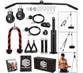 ManiBoom Polea Gimnasio Casa Multifuncional - Kit de Poleas de Musculacion Ajustable con Accesorios Barra 2 en 1 + Cuerda Triceps + Asas - Maquina Home Gym - Rack Pared Multigym con todos los accesorios