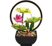 Tabletop Fountain 3-Tiers Lotus Leaf Small Waterfall Fountains Indoor Water Fountain with Rocks LED Ring Lights Home Decoration