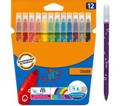 Tradineur - Caja de rotuladores de colores - 12 Colores llamativos - Rotuladores con base de agua - Punta fina y precisa - Limpia fácil