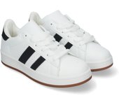 Davinia Shoes Zapatillas Deportivas Planas Estilo Casual para Mujer, Cierre de Cordones y Detalle de Franjas Laterales. Shoes&Blues.es YY-10F-Blanco