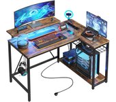 Escritorio en Forma de L con Tomas de Corriente y Luces LED, Escritorio Esquinero con Estantes, Reversible para Ordenador para el Hogar, Oficina, Dormitorio, Espacio Pequeño, 106,5 cm