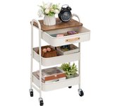 40f. x 30an. x 70al.  Carrito Metalico con Ruedas Carrito de Almacenamiento con Cajón Carrito Cocina, Carro Servicio 3 Niveles Carrito Auxiliar con Ruedas y Mango Cuero para Baño Dormitorio Oficina, Blanco