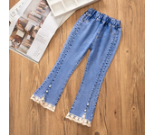 Girls' Jeans Spring and Autumn New Casual 3-12 Year Old Children's Loose Flare Pants Lace Pearl Girls' Denim Pants