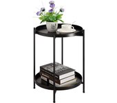 Mesa Auxiliar Redonda Mesa de Café & Té, Bandeja de Metal de 2 Niveles, Mesita de Noche Mesita de Sofá para Sala de Estar Dormitorio Balcón Patio, Blanco