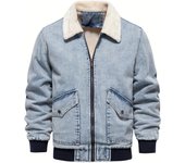 Warm Fleece Denim Jacket, Men's Casual Flap Pocket Jacket Coat With Fur Collar For Fall Winter