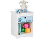 niños Mesita Infantil Marinero, Cajón, Compartimento, Mesilla Noche Dormitorio Niño, 41x32x31cm, Blanco y Azul, Tablero de Fibras, 41 x 32 x 31 cm Aprox