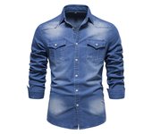 Camisa vaquera sin planchar camisa de manga larga para hombre de color sólido casual sin planchar
