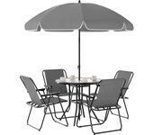 6 Piezas Muebles de Jardín Exterior con 4 Sillas Plegables Mesa de Vidrio y Sombrilla para Terraza Patio Gris
