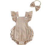 Pudcoco Baby Girl Summer Romper Plaid Print Flutter Sleeves Square Neck Jumpsuit with Bow Headband 0-12M