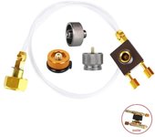 Outdoor camping stove filling adapter, flat bottomed gas cylinder connector, inflation with pressure relief valve