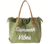 Women's Large Canvas Tote Bag with Embroidered "Summer Vibes" Lettering, Green with Brown Straps & Tassel Details – Perfect for Beach, Shopping, and Everyday Use, Beach Tote Bag