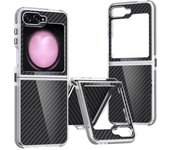 Carbon Fiber Texture For Samsung Galaxy Z Flip 5 Case Metal Button Clear Back Protection Cover