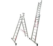 Escalera de Aluminio Extensible 2 tramos transformable en Tijera, 2,5+2,5 Metros, 9 peldaños por Tramo | Ideal para Trabajos en casa, Chalet, finca Rural o Local Comercial. BTF-EDB6725