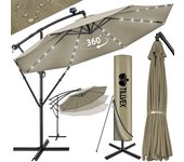 300/350 cm Sombrilla Excentrico con 32 Luces LED Solar | Parasol para Terraza Jardín Balcón Patio | con Manivela y Base en Cruz, Giratorio 360º, Protección UV