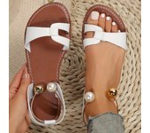 Women's Fashion Summer Sandals, Faux Pearl Metallic Strap Slip On Beach Flat Shoes, Casual Outside Sandals
